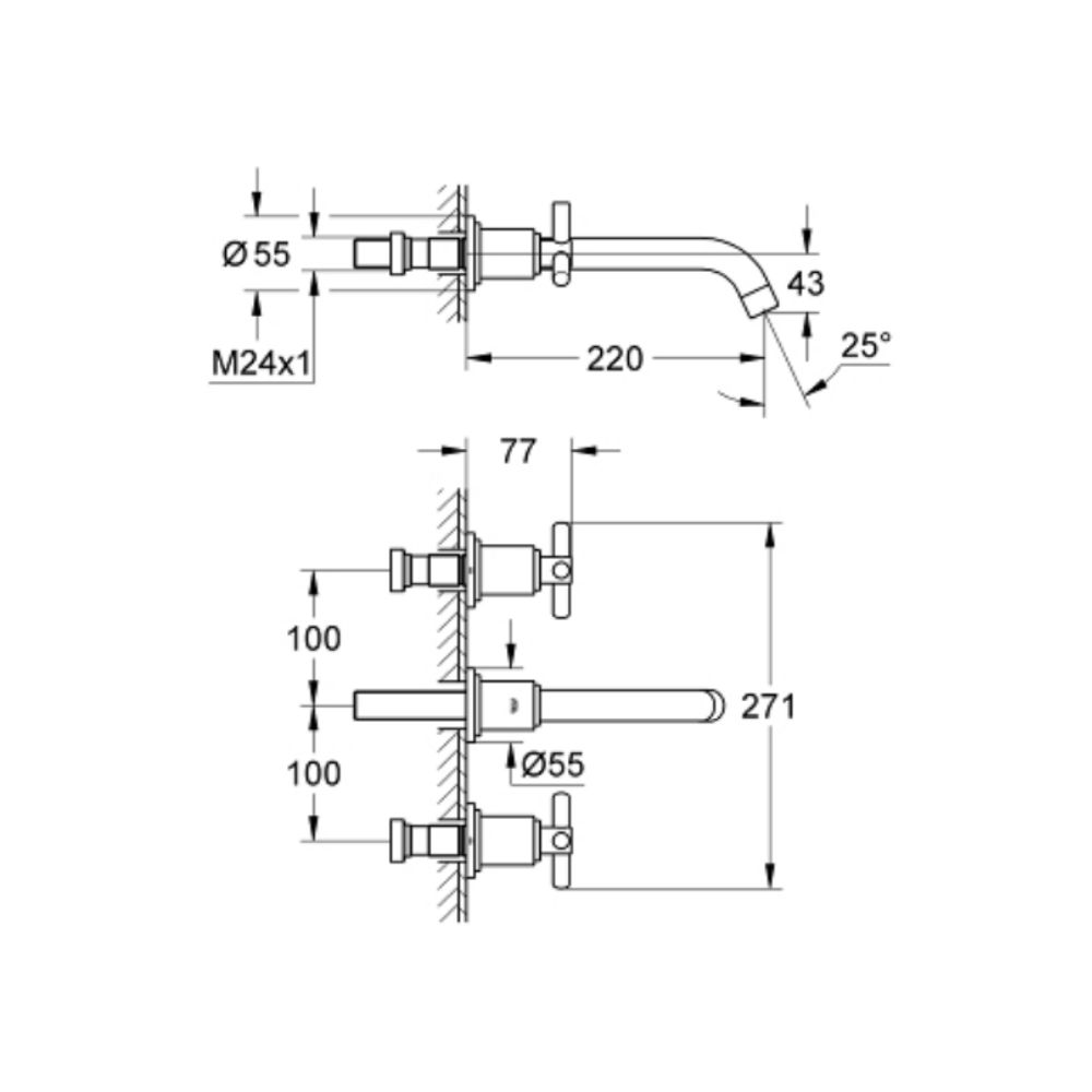 Vòi chậu gắn tường nóng lạnh 3 lỗ Atrio M-size GROHE 20387000 - Ảnh 3
