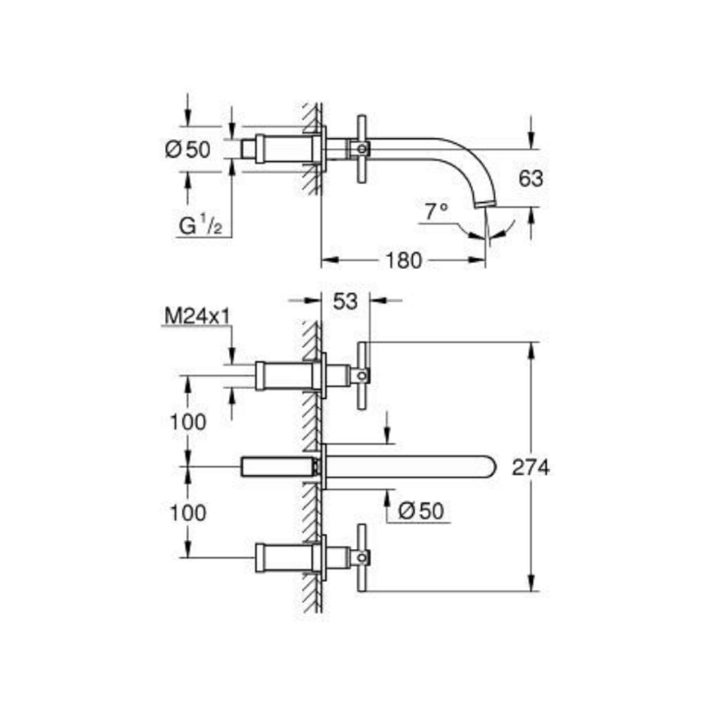 Vòi chậu gắn tường nóng lạnh 3 lỗ Atrio M-size GROHE 20661000 - Ảnh 3