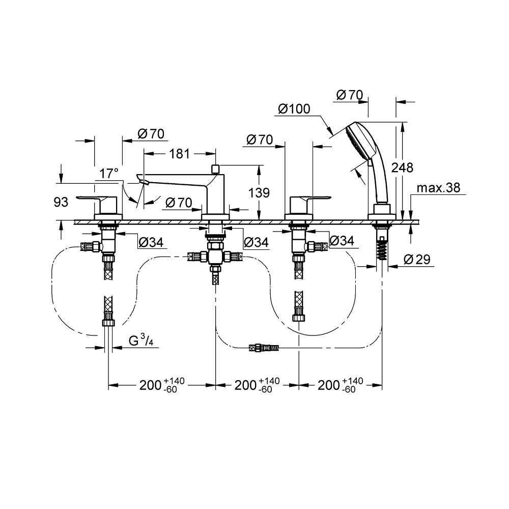Vòi bồn tắm 4 lỗ nóng lạnh kèm tay sen BauLoop GROHE 2511900A - Ảnh 3