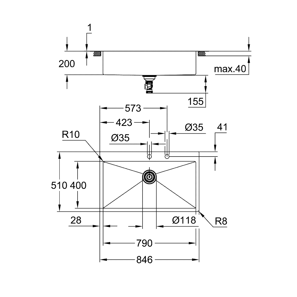 Chậu rửa chén 1 hộc K800 GROHE 31584SD1 - Ảnh 3