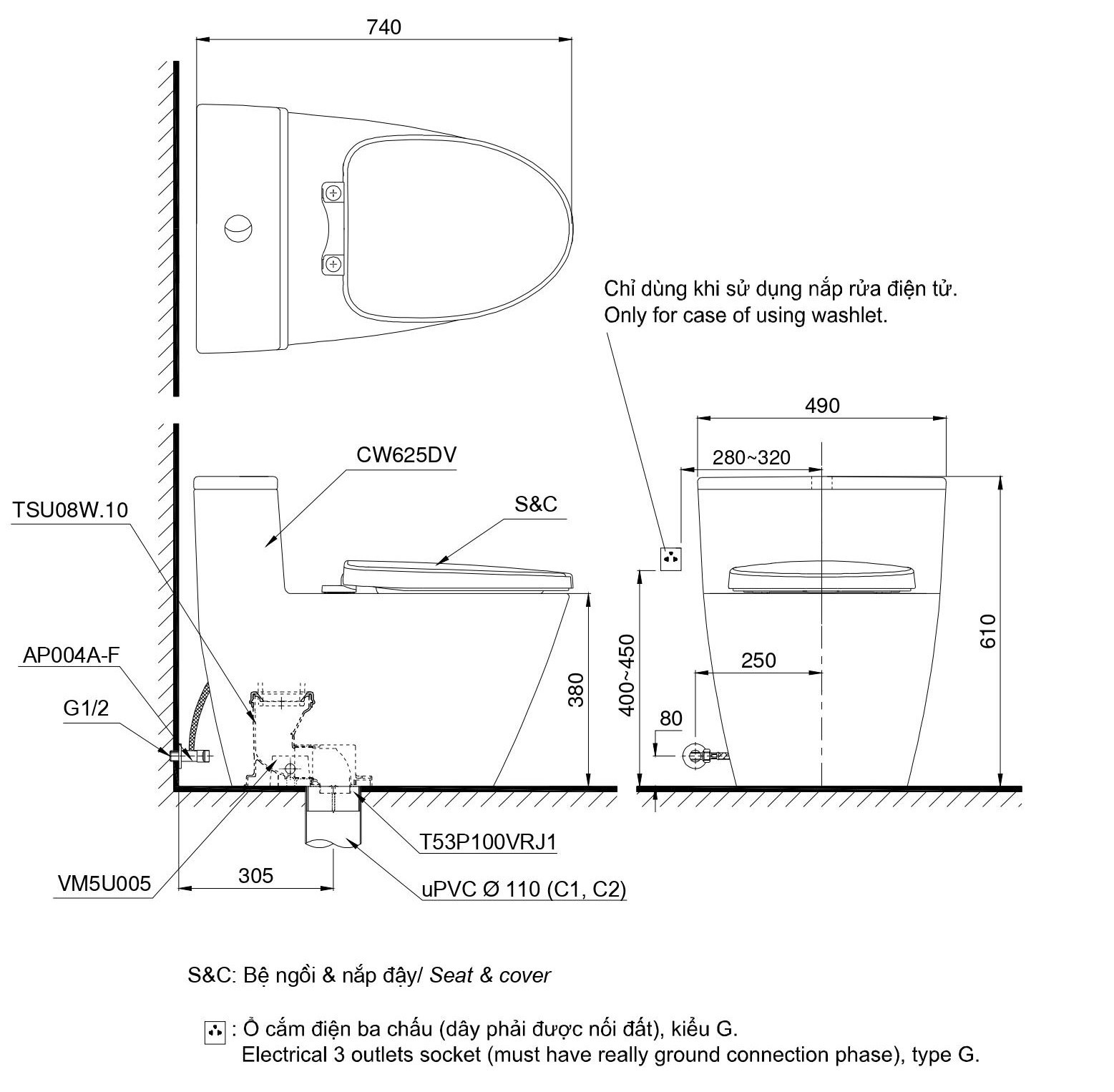 Bàn cầu 1 khối kèm nắp rửa điện tử WASHLET dòng C5 TCF24410AAA MS625DW14 cao cấp, chính hãng | TOTO - Ảnh 2