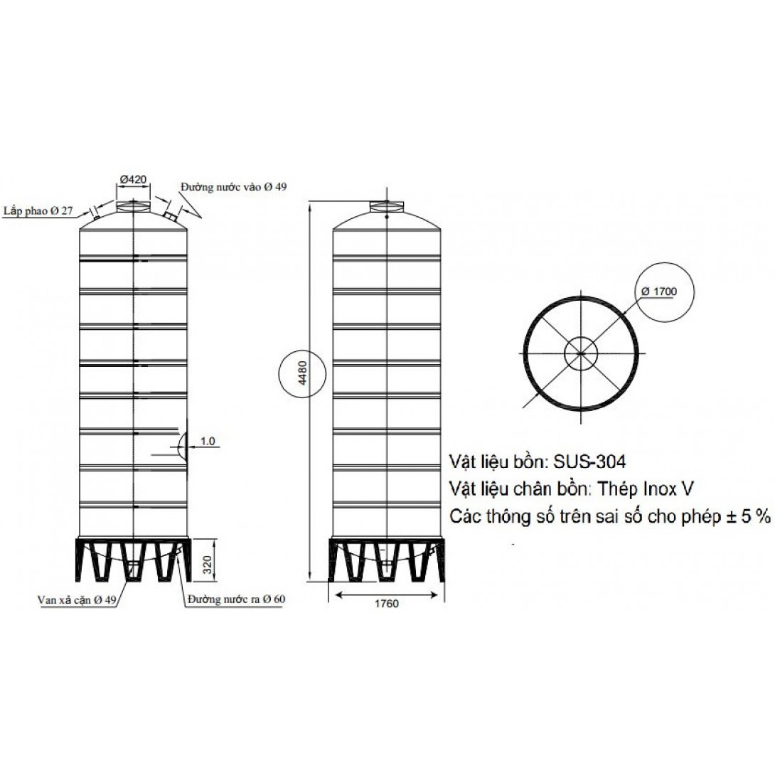 Bồn Nước Đại Thành Inox 10000L Đứng SUS 304 Ø 1,7m - Ảnh 3