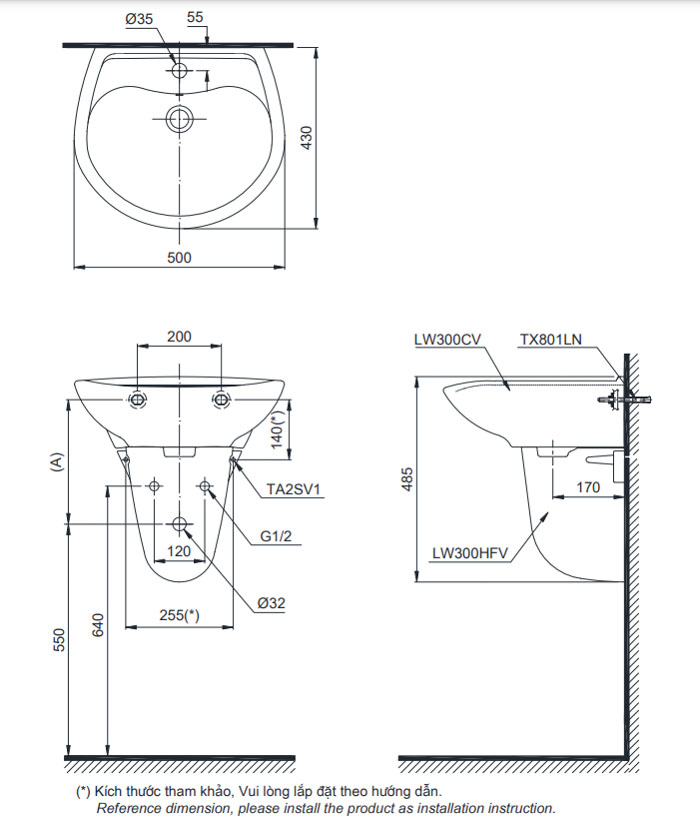 Chậu treo tường chân lửng LHT300CR cao cấp, chính hãng | TOTO - Ảnh 3