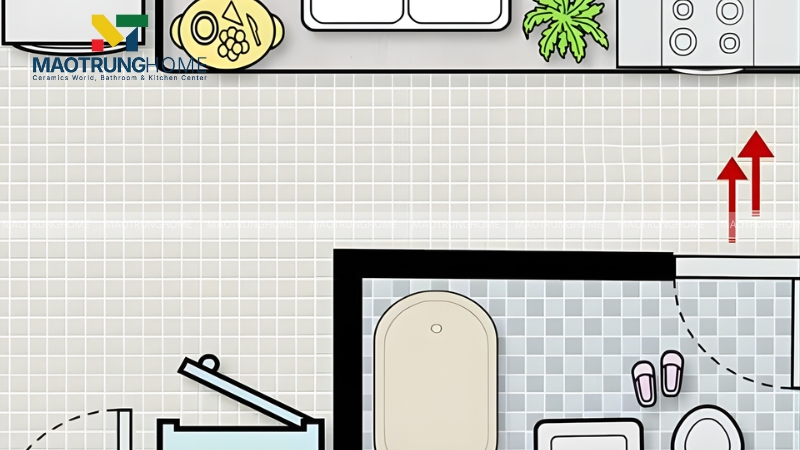 Bạn không nên đặt bồn cầu tựa lưng hoặc đối diện bếp nấu