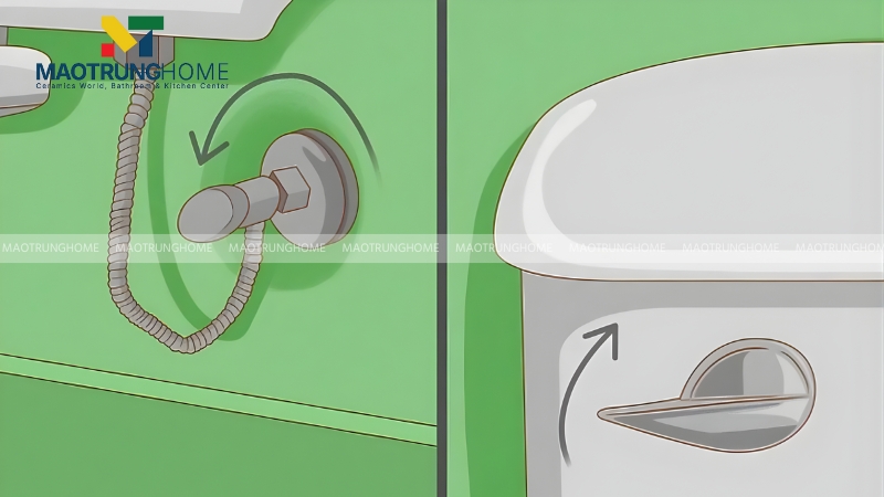 Bạn mở van cấp nước, xả sạch và kiểm tra lại nước có bị rỉ không