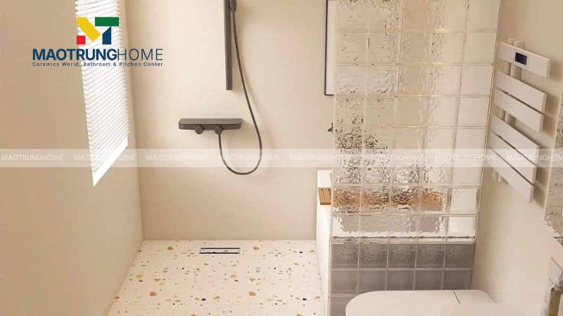 Gạch kính giúp tách khu vực tắm và vệ sinh gọn gàng