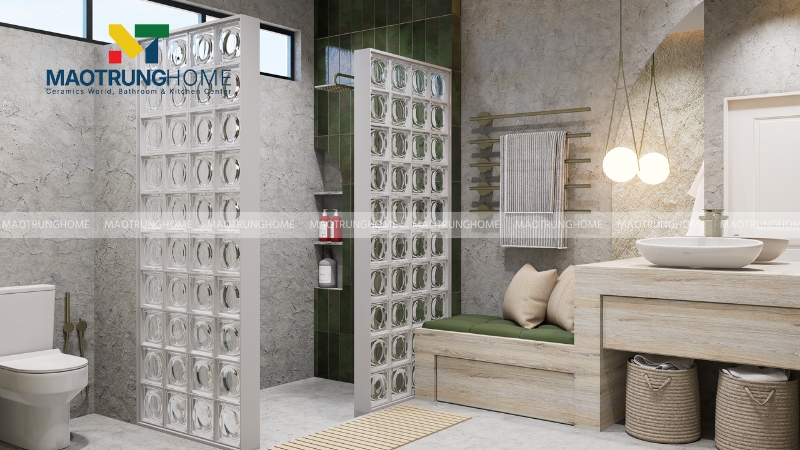 Tường gạch kính phản chiếu ánh sáng nhẹ nhàng, tinh tế