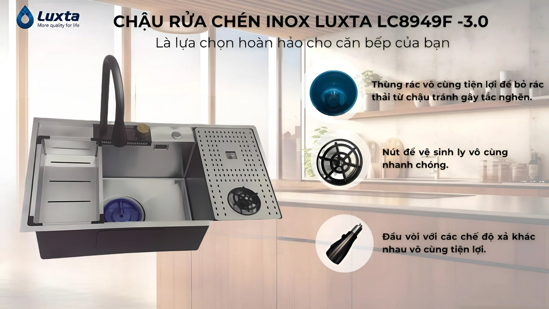 Chậu rửa chén 1 hố kèm vòi Luxta LC8949F-3.0 - Ảnh 3