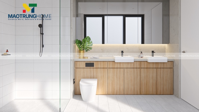 Mẫu nhà vệ sinh phong cách tối giản (Minimalism) với tone màu trắng với thiết bị liền khối