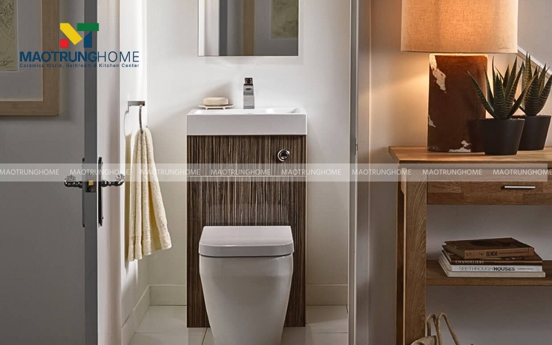 Hình ảnh nhà vệ sinh đơn giản nhưng đầy đủ tiện nghi dưới gầm cầu thang