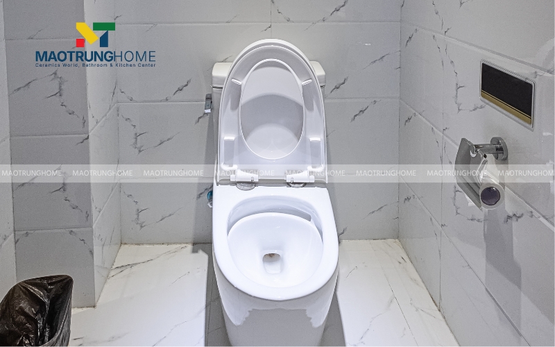 Hình ảnh mảng tường phía sau bồn cầu được ốp gạch trắng vân đá