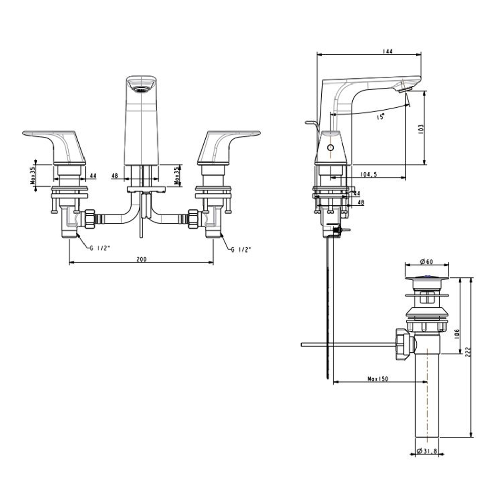 VÒI LAVABO 3 LỖ NÓNG LẠNH MÀU XÁM BÓNG AMERICAN STANDARD WF-1703HG - Ảnh 2