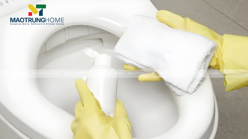 Bạn chỉ nên dùng khăn mềm và dung dịch vệ sinh trung tính cho bồn cầu