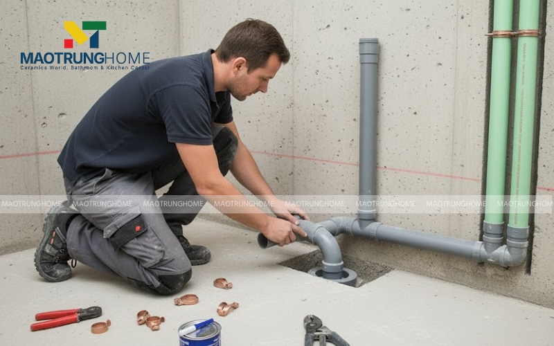 Đi ống thoát D60 và tạo độ dốc tiêu chuẩn