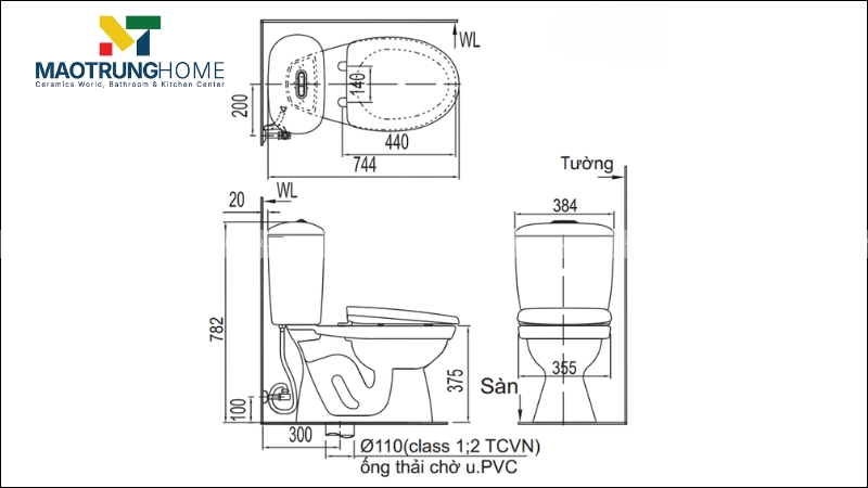 Thông số lắp đặt bồn cầu Caesar 1 khối chi tiết