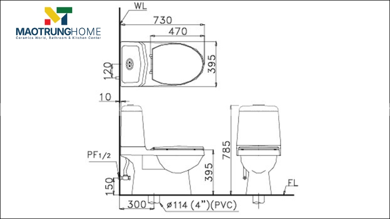 Mẫu bản vẽ kích thước bồn cầu Caesar 2 khối
