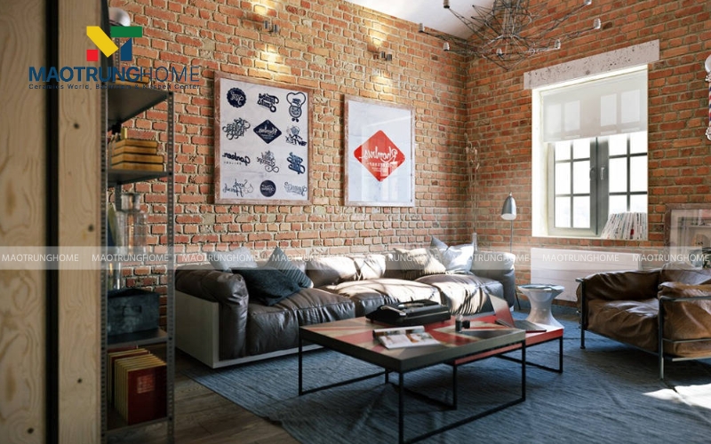 Tường phòng khách ấm cúng với gạch gốm giả cổ tông đất nung