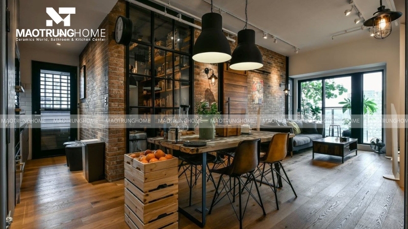 Mẫu phòng ăn phong cách công nghiệp với mẫu gạch thẻ tông màu tối
