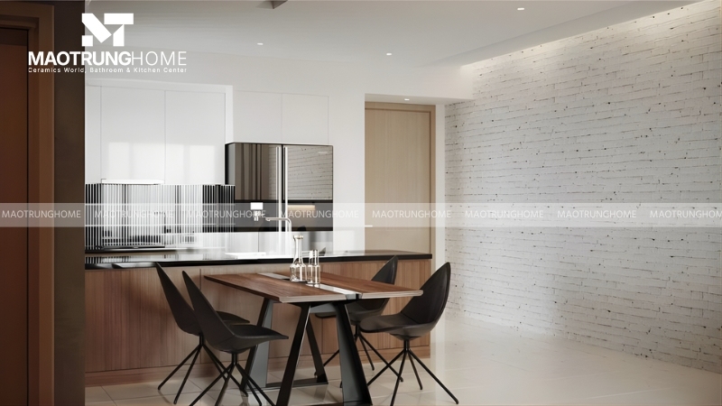Mẫu phòng ăn phong cách công nghiệp với bề mặt gạch men mờ