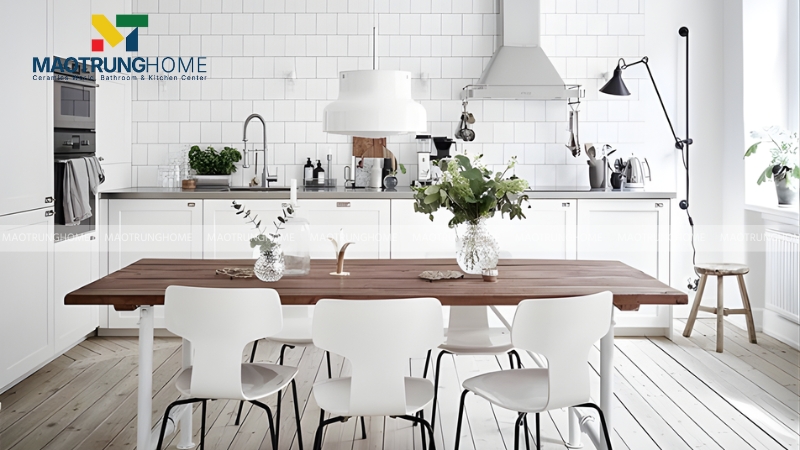 Mẫu phòng ăn phong cách Bắc Âu với keo chà ron màu xám