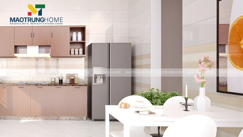 Mẫu phòng ăn phong cách tối giản với gạch trơn màu trung tính