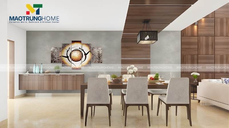 Mẫu phòng ăn phong cách tối giản với gạch gạch giả bê tông