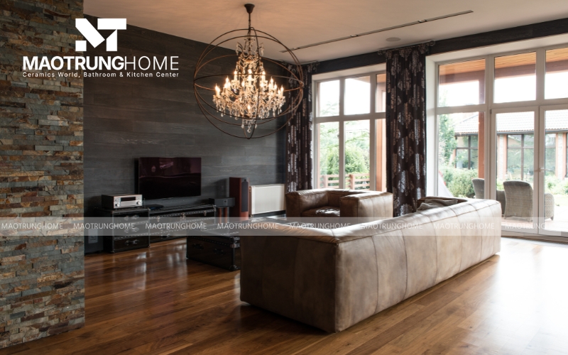 Gạch ốp tường phòng khách giả gỗ