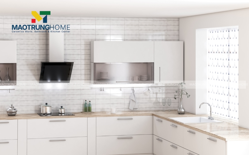 Mẫu gạch thẻ trắng ốp tường nhà bếp